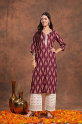 Straight Maroon Block Print Cotton Long Kurti